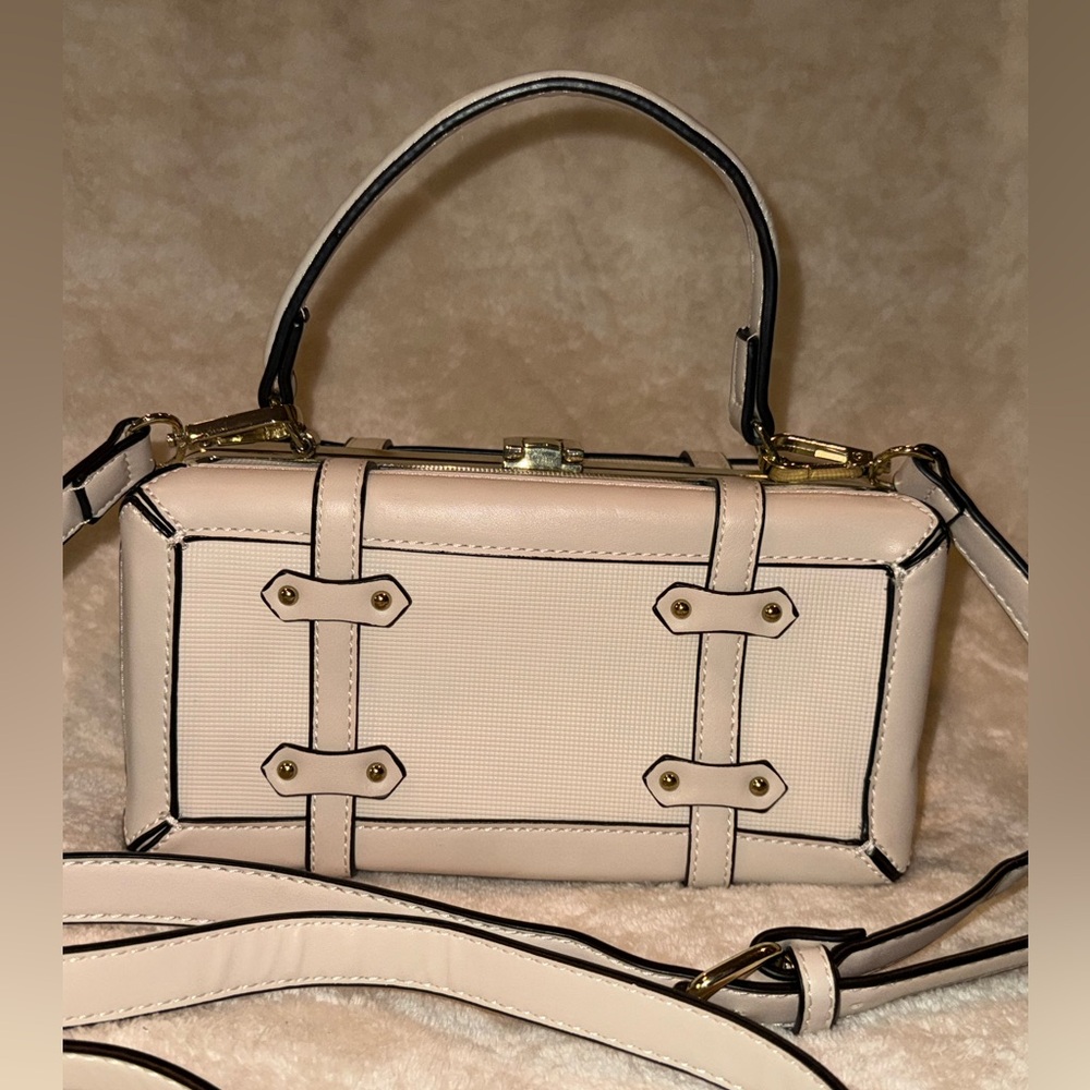 Structured Faux Leather Cream Mini Suitcase Trunk Buckle Crossbody Handle Bag - Picture 3 of 10